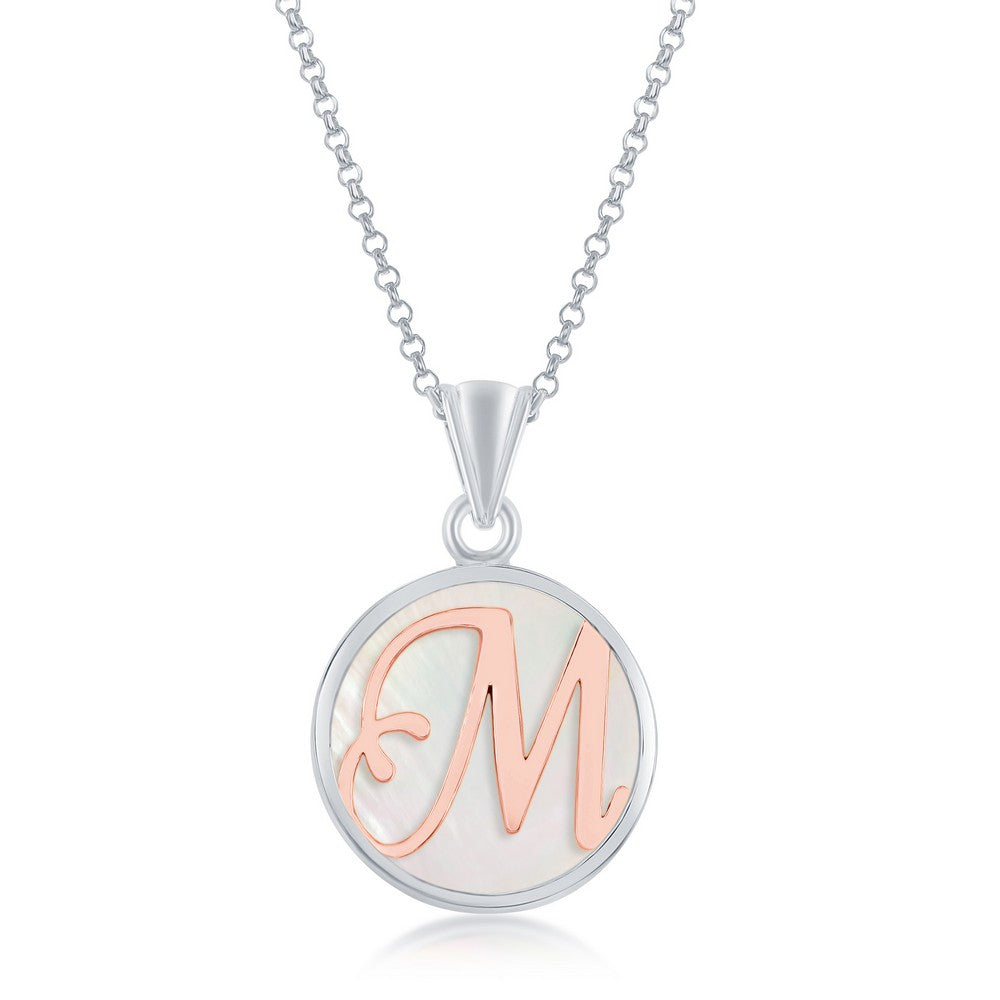 Sterling Silver Pendant with Rose Gold Plated 'M' Initial with Mother of Pearl and 18" Sterling Silver Chain. Pendant Measures Approximately 1" including the bail.