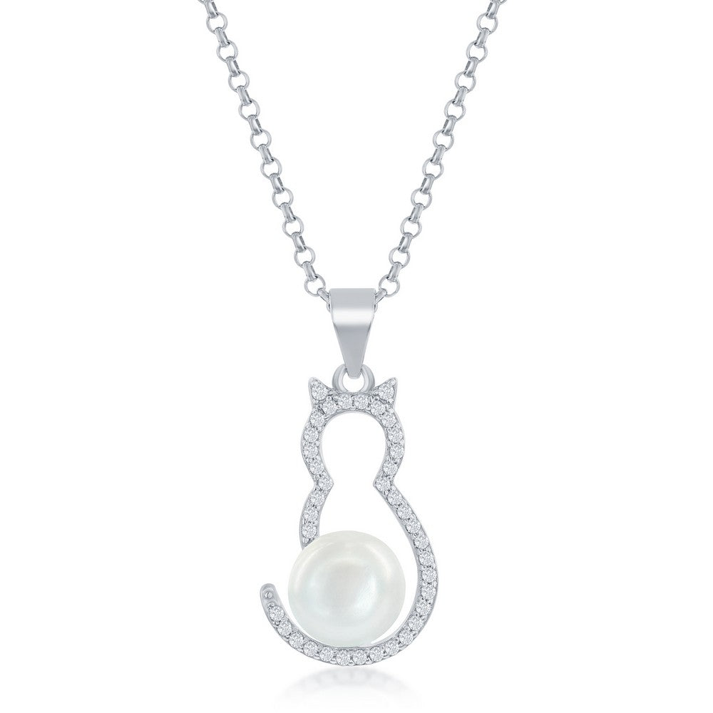 Sterling Silver Open Cat Shape with Cubic Zirconia and Freshwater Pearl Necklace on 18" Sterling Silver Chain.