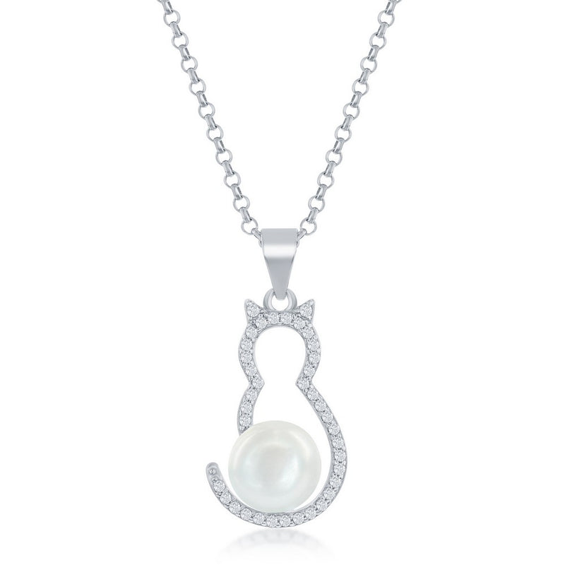 Sterling Silver Open Cat Shape with Cubic Zirconia and Freshwater Pearl Necklace on 18" Sterling Silver Chain.