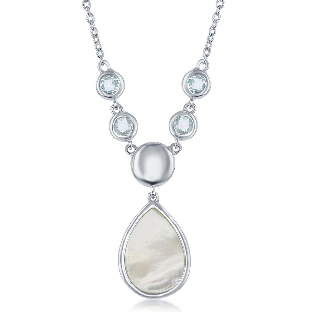 Sterling Silver Bezel Set Blue Topaz and Teardrop Mother of Pearl Necklace