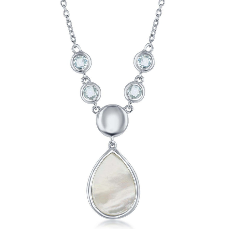 Sterling Silver Bezel Set Blue Topaz and Teardrop Mother of Pearl Necklace (91969)