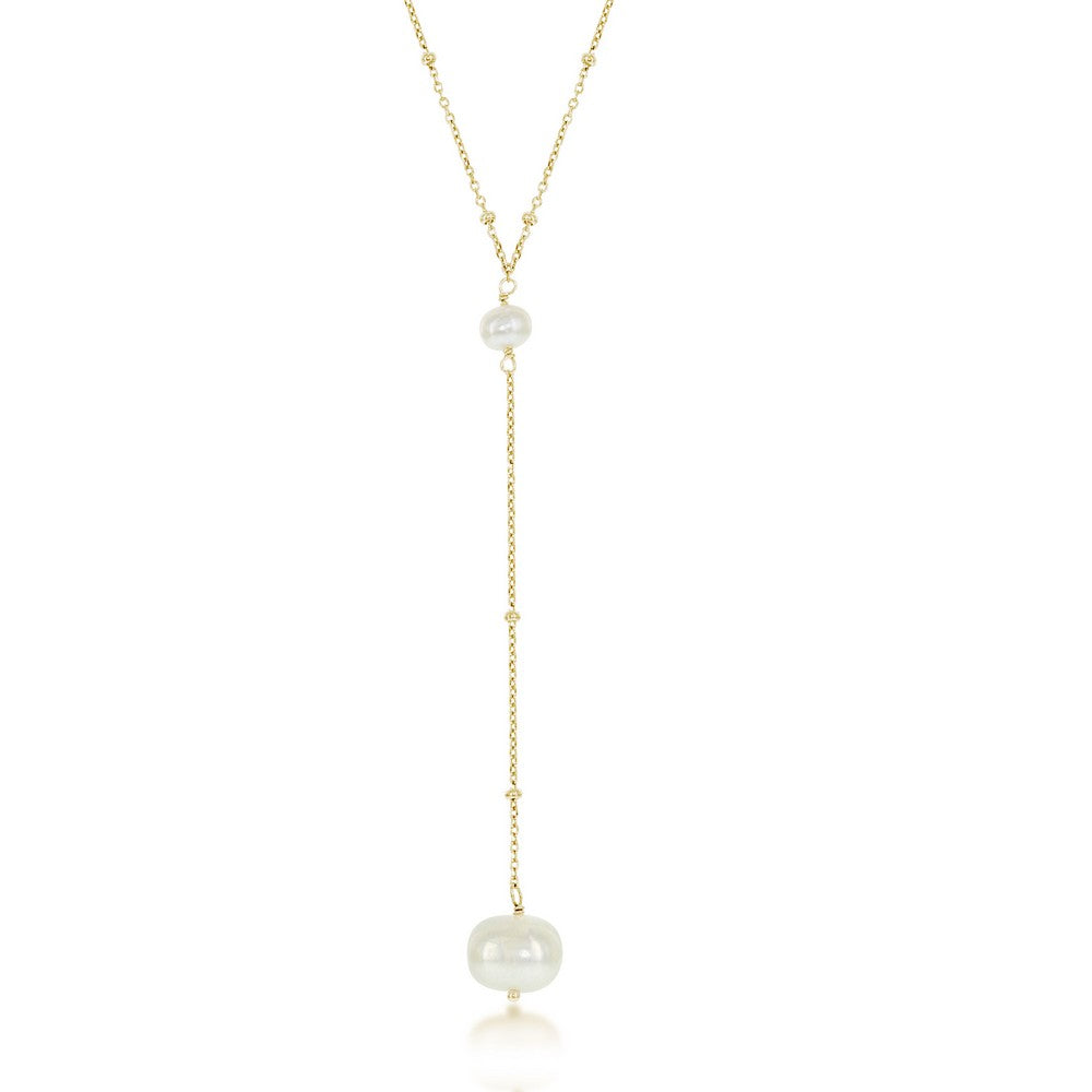 Sterling Silver Gold Plated Hanging Freshwater Pearl Lariat 'Y' Necklace on 16+2" Sterling Silver Chain.