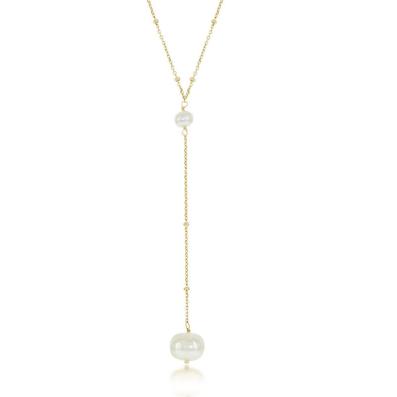 Sterling Silver Gold Plated Hanging Freshwater Pearl Lariat 'Y' Necklace on 16+2" Sterling Silver Chain.