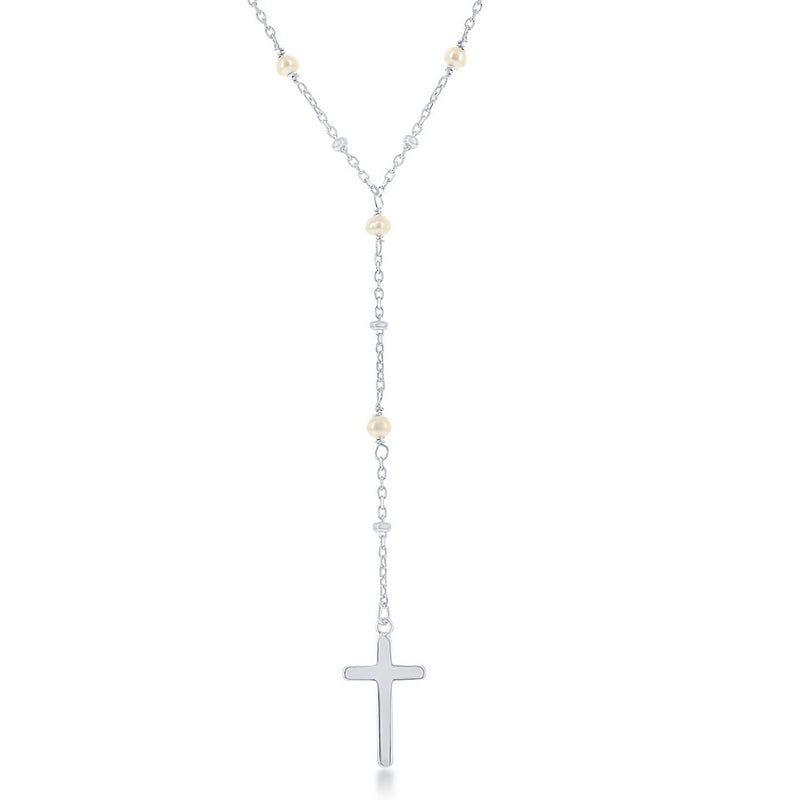 Sterling Silver Freshwater Pearl & Plain Beads Cross Rosary Necklace (92155)
