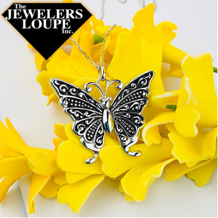 Sterling Silver Antique Finish Butterfly Pendant with 18" Sterling Silver Chain.