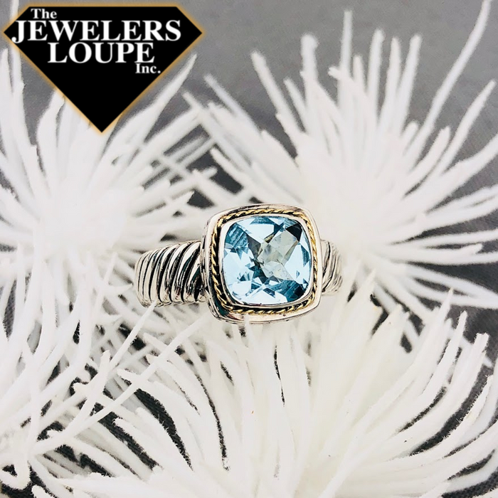 Samuel B. Sterling Silver Ring set with Cushion Cut Blue Topaz accented with 18K Yellow Gold Rope Border,