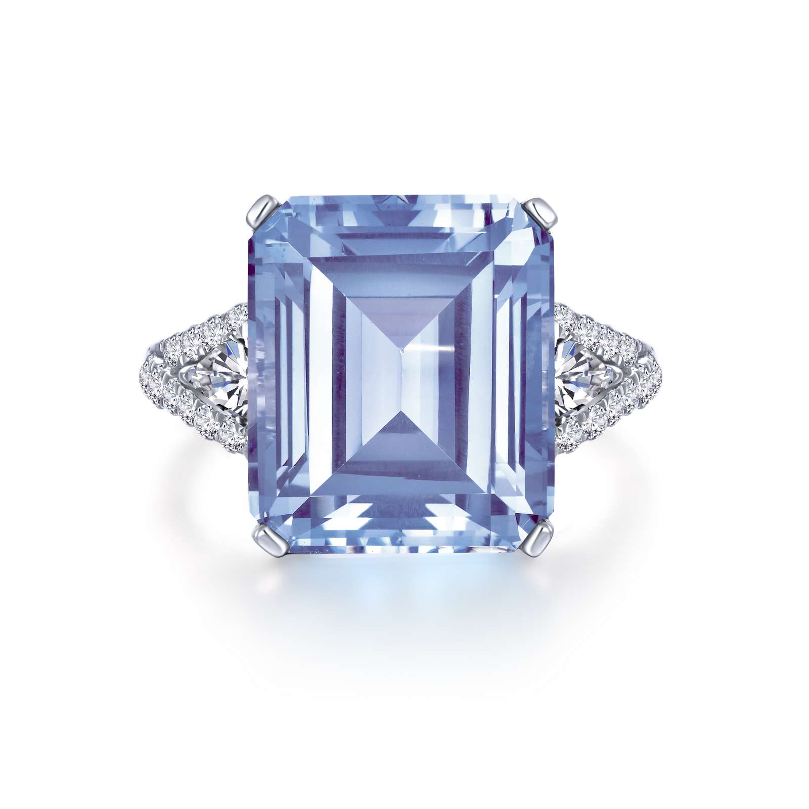 Elegant and sophisticated. This stunning beauty features a Lafonn emerald-cut simulated aquamarine with trillion-cut simulated diamonds on the sides and round simulated diamonds on the shank. This ring is set in sterling silver bonded with platinum.