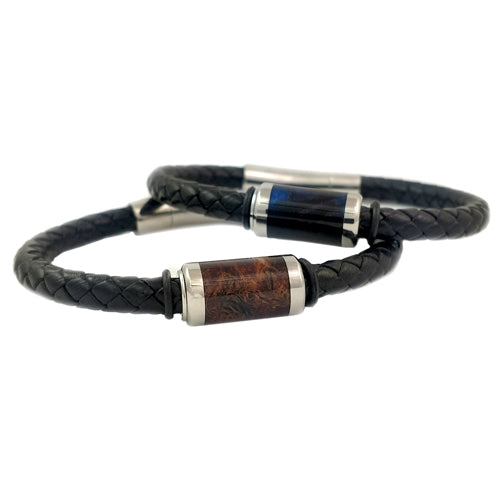 Leather Bracelet with the Bead Inlaid with Stabilized Box Elder Wood