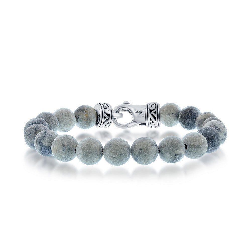 Stainless Steel 10mm Gray Jasper Bead Bracelet, 8.5"