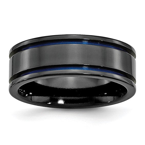 Titanium Black Ti Polished Blue Anodized 8mm Grooved Band, Size 10 (98114)