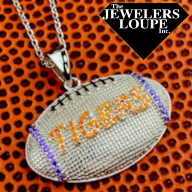 Sterling Silver Football Necklace with Orange and Purple Cubic Zirconia Tigers (98277)