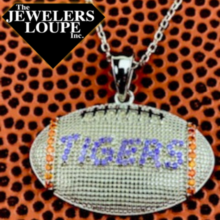 Sterling Silver Football Necklace with Purple and Orange Cubic Zirconia Tigers (98276)