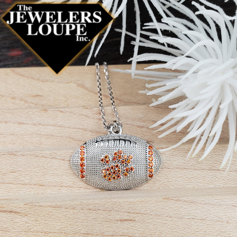 Sterling Silver Football Necklace with Orange Cubic Zirconia Paw (98088)