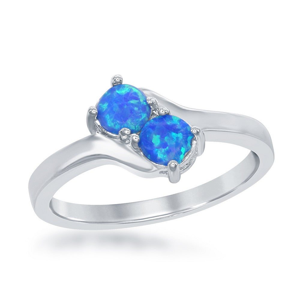 Sterling Silver "Us2gether" Two-Stone Round Created Blue Opal Ring, Size 7.