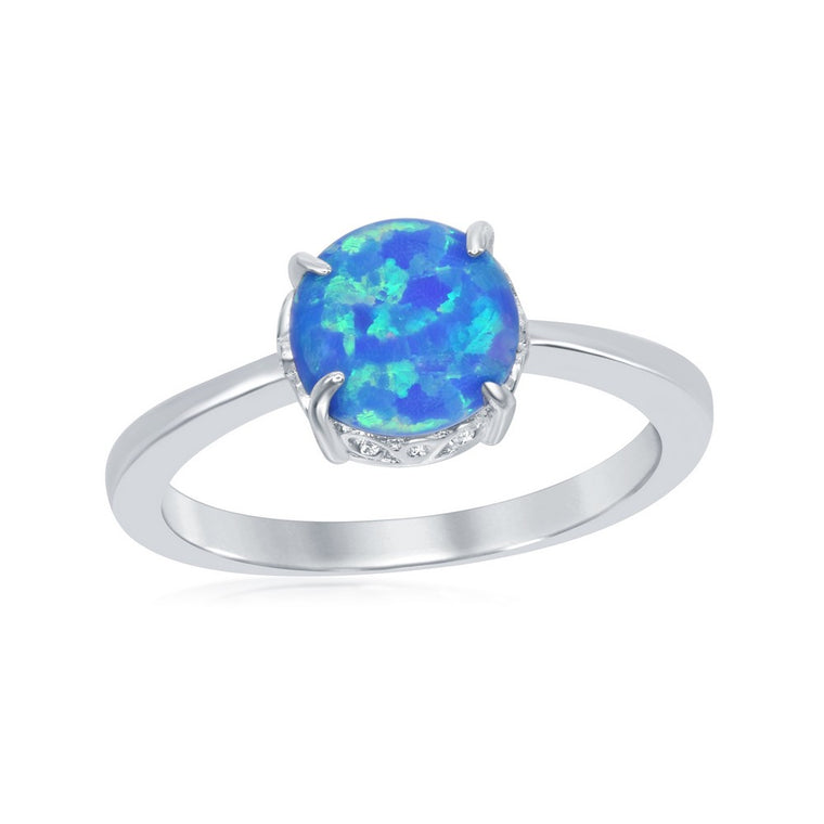 Sterling Silver Four-Prong Round Blue Inlay Created Opal Ring, Size 7 (93806)
