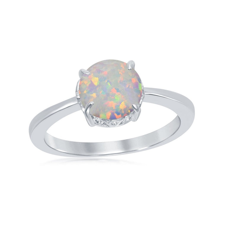 Sterling Silver Four-Prong Round White Inlay Created Opal Ring, Size 7 (91742)