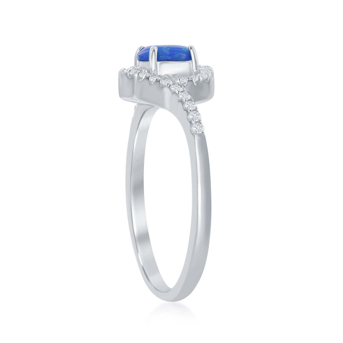 Sterling Silver Created Blue Opal Inlay CZ Halo Ring, Size 7 (90827)