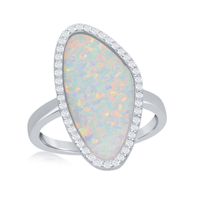 Sterling Silver Created White Opal with CZ Border Ring, Size 8 (93639)