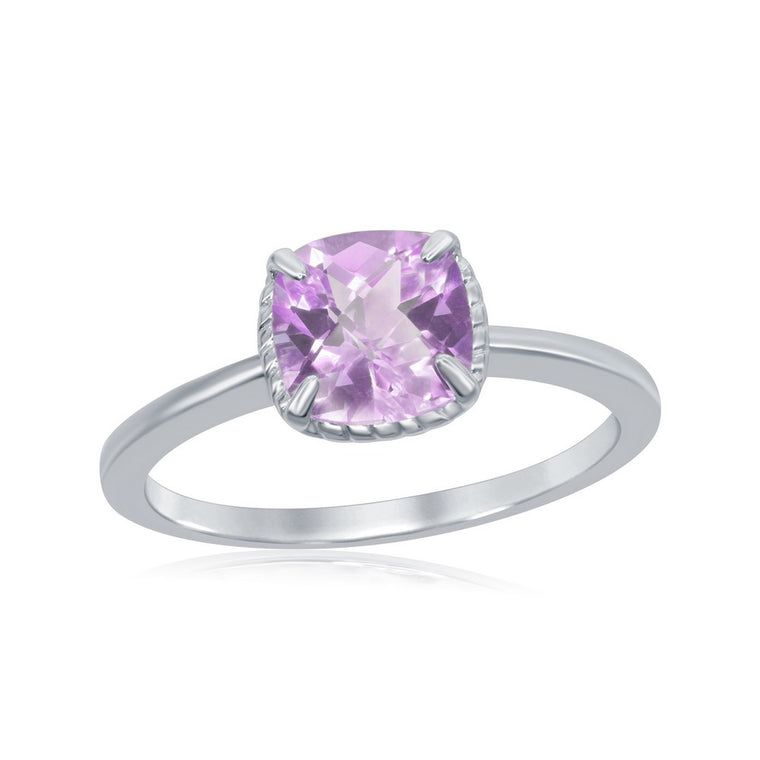 Sterling Silver Four Prong Square Rope Design Amethyst Ring, Size 9 (98728)