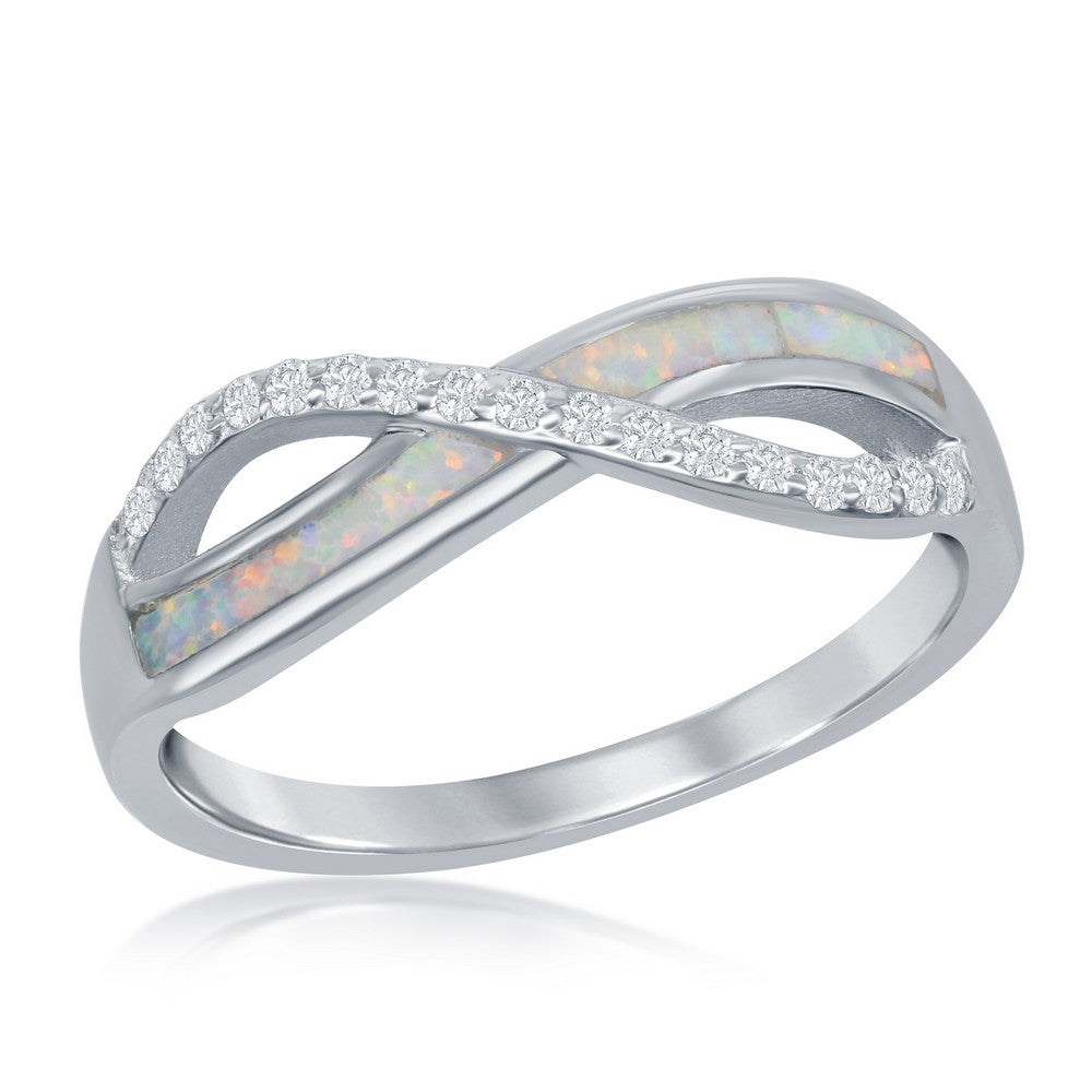 Sterling Silver CZ and Created White Opal Inlay with Infinity Design Ring, Size 7