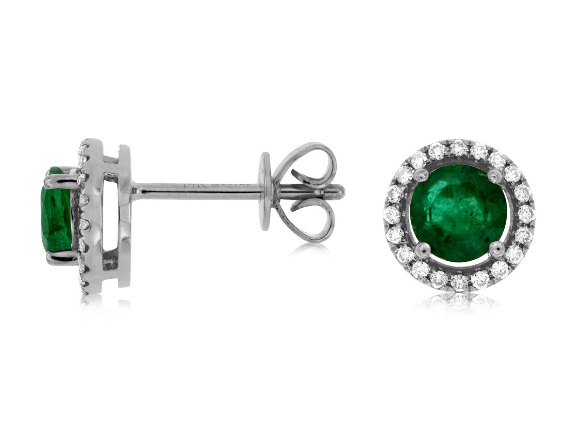 14K White Gold Stud Halo Earrings set with .90ctw Round Genuine Emerald surrounded by .15ctw Diamond.  *color of stones may vary from picture