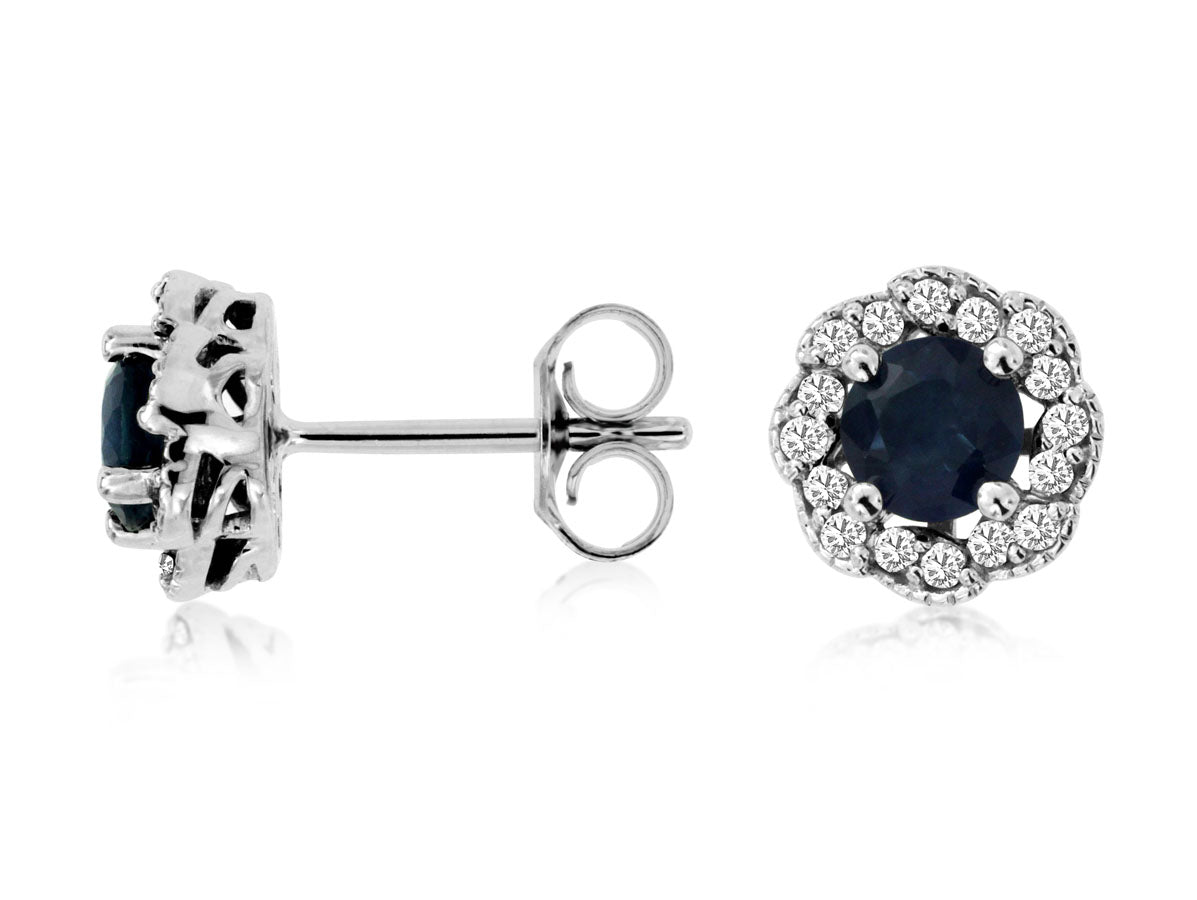 Halo Style Earrings with .90ctw Round Sapphires Surrounded by .20ctw Diamonds set in 14K White Gold.  *color of stones may vary from picture