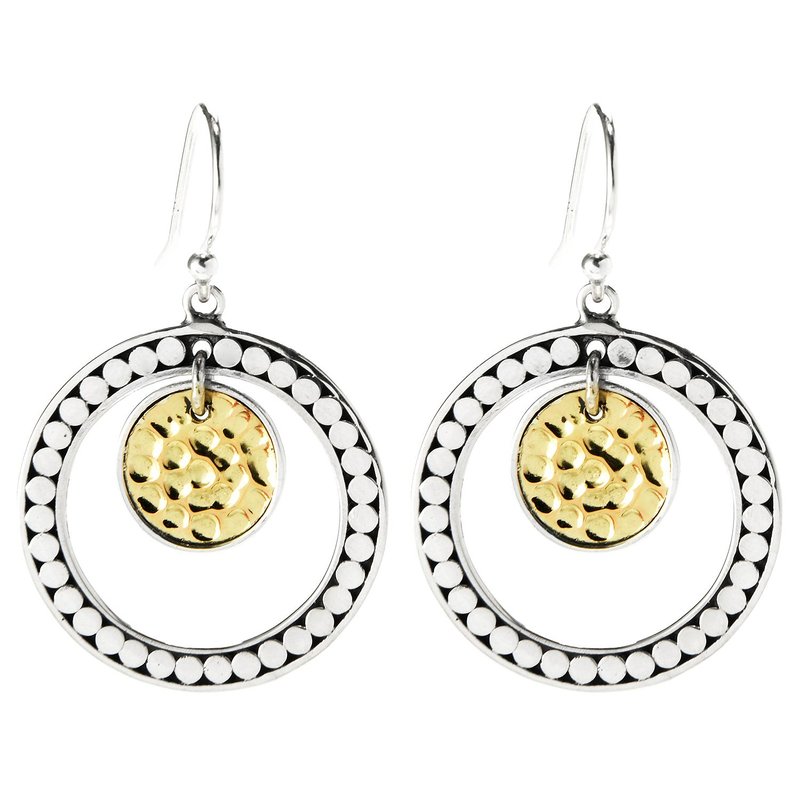 Samuel B. Sterling Silver and 18K Yellow Gold Double Circle Hammered and Dot Design Dangle Earrings.