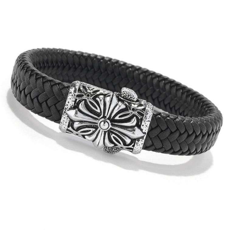 Samuel B. Sterling Silver Cross on Woven Black Leather Bracelet (91156)