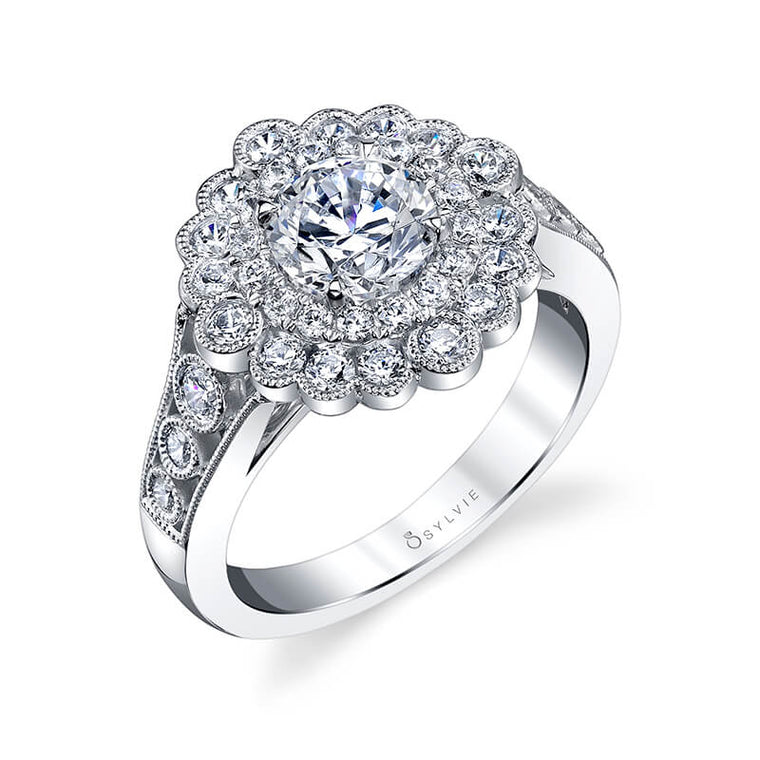 Sylvie 14K White Gold .81ctw Diamond Vintage Halo Engagement Ring Semi-Mount (82773)
