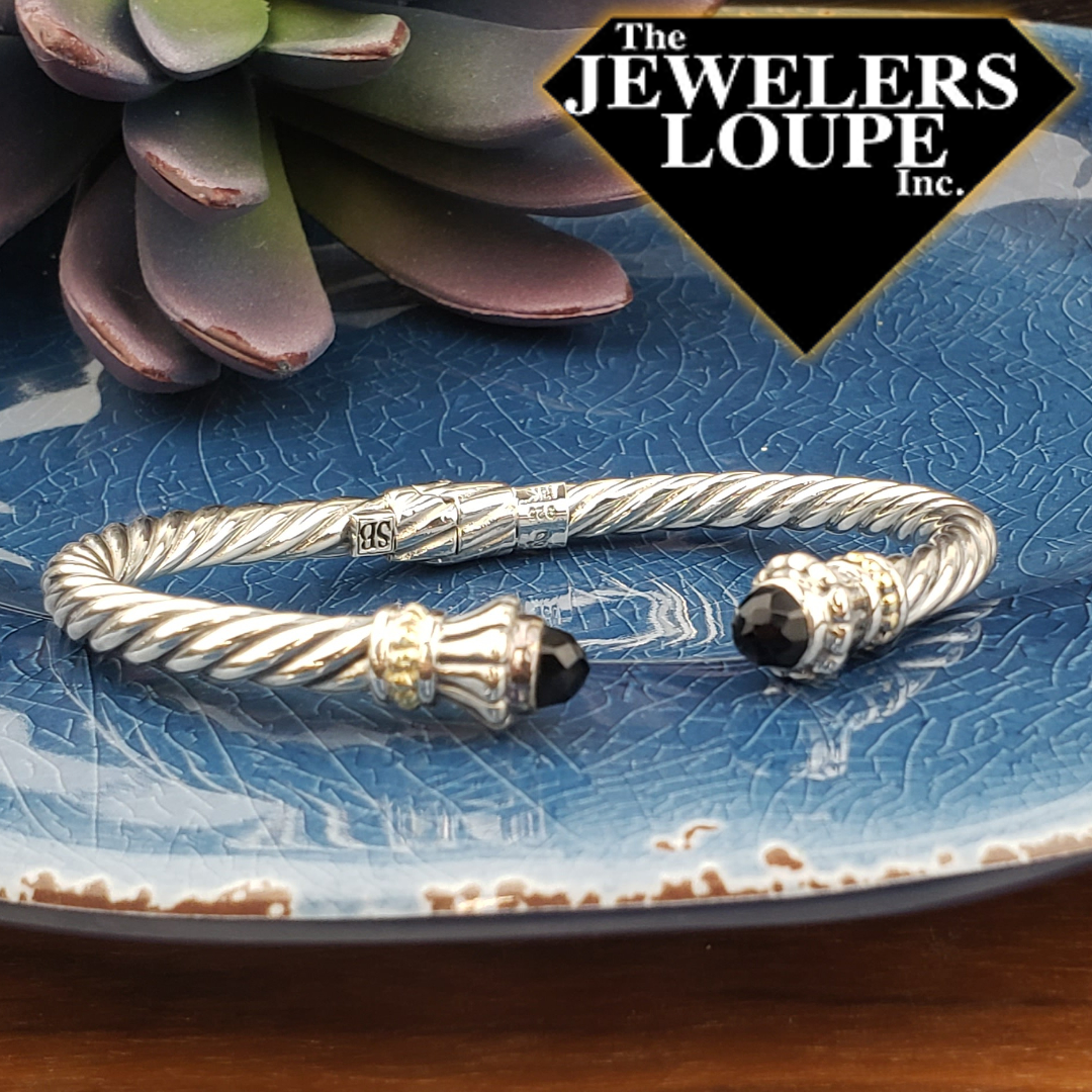 Samuel B. Sterling Silver and 18K Yellow Gold Twisted Cable Bangle with Black Onyx.