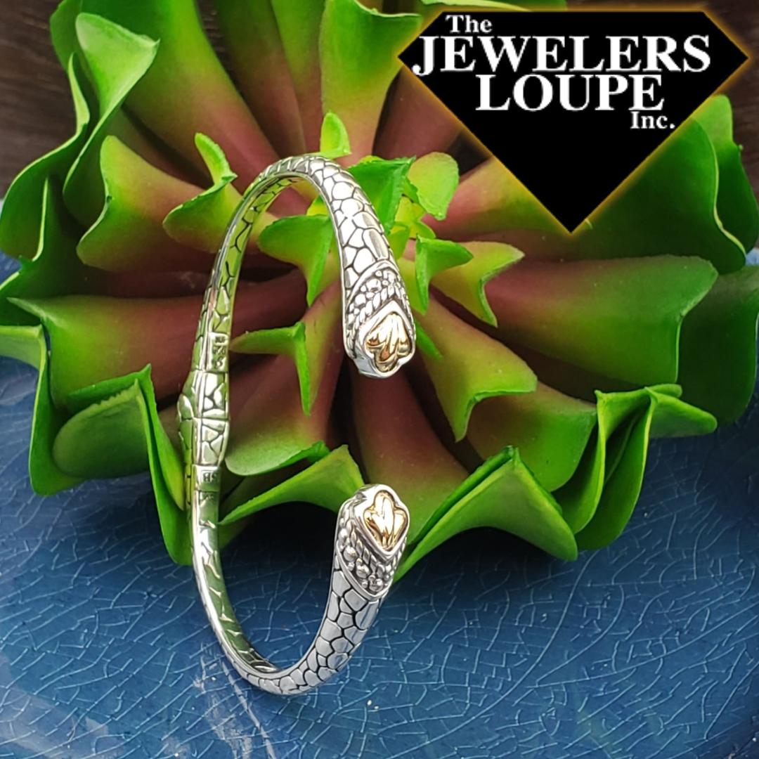Samuel B. Sterling Silver and 18K Yellow Gold Pebble Design Hinged Bangle, Medium.
