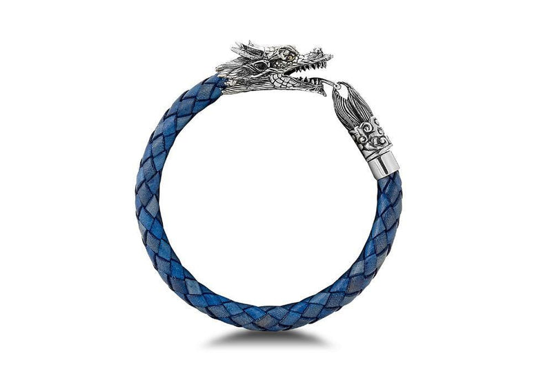 Samuel B. Sterling Silver and 18K Yellow Gold Accented Balinese Design Dragon with Blue Leather Bracelet, 8.5".