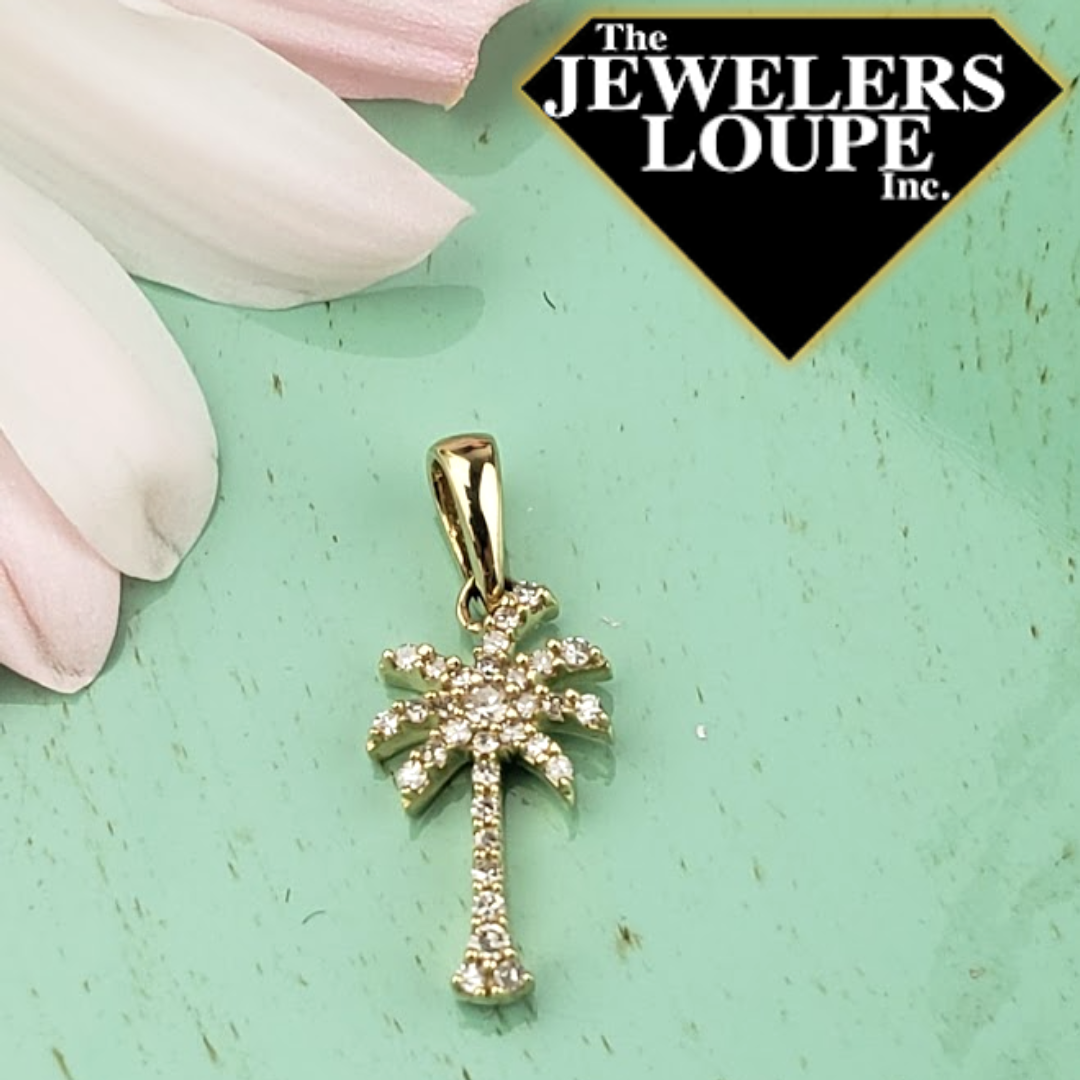Palmetto Tree Pendant set with .13ctw Diamonds in 14K Yellow Gold, approximately 3/4" total length.