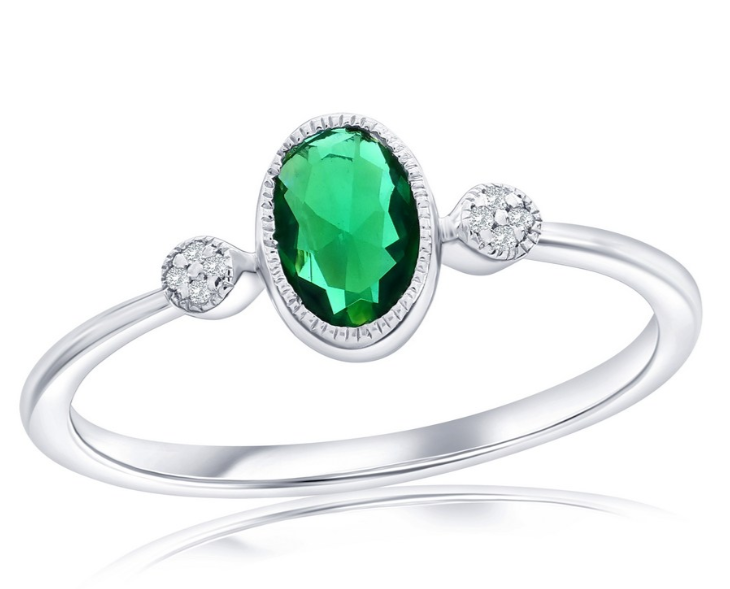 Sterling Silver Lab-Grown Oval Emerald & Natural Diamond Ring, Size 8 (100224)