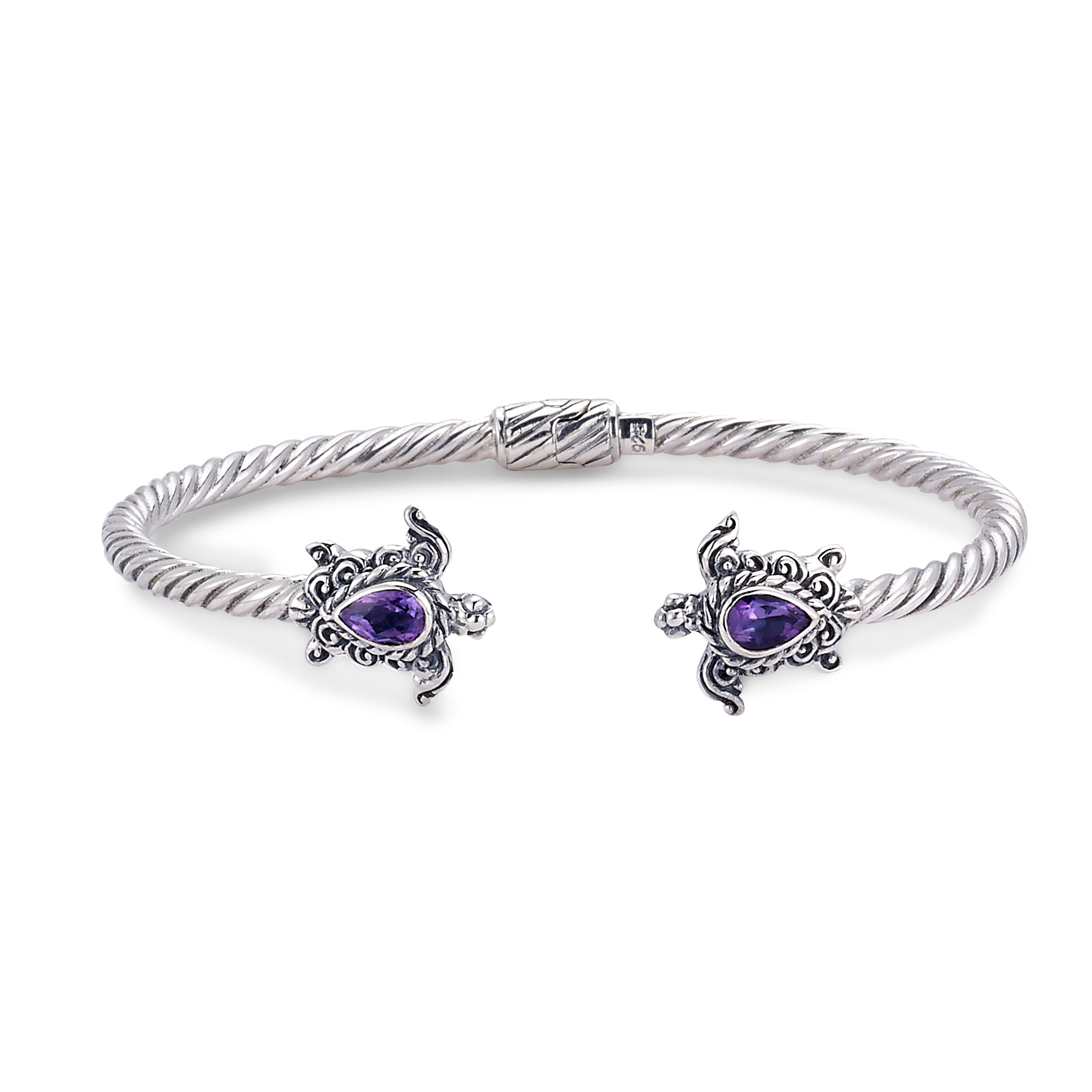 Samuel B. Sterling Silver Amethyst and Turtle Hinged Cable Bangle