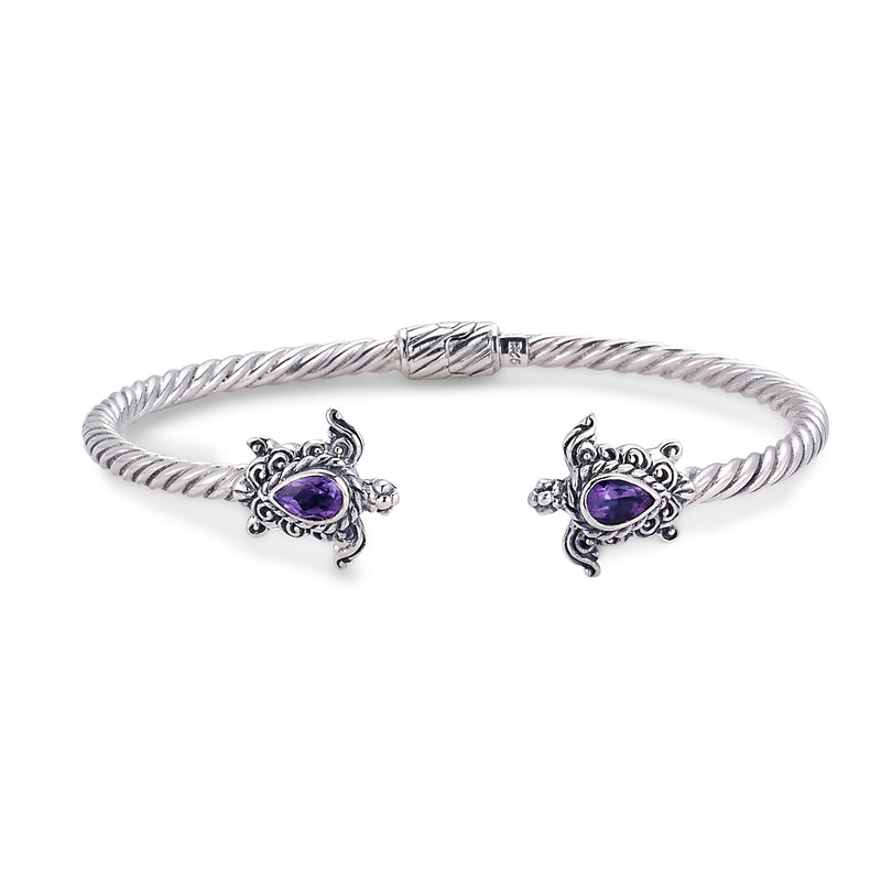 Samuel B. Sterling Silver Amethyst and Turtle Hinged Cable Bangle