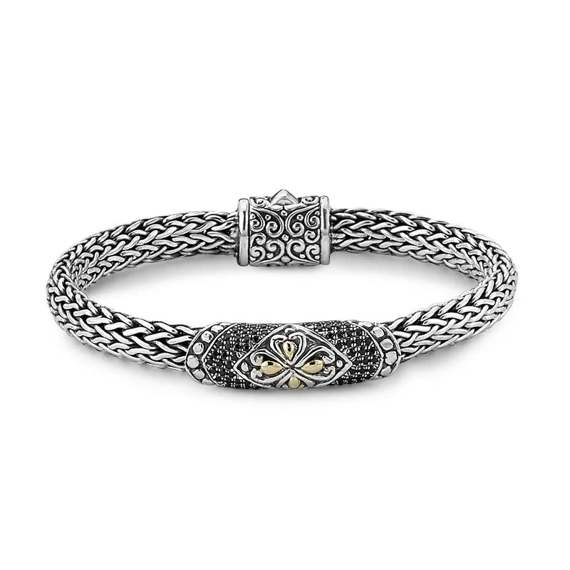 Samuel B. Sterling Silver-18K 7mm Woven Bar Black Spinel Bracelet