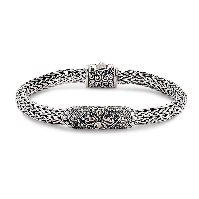 Samuel B. Sterling Silver-18K 7mm Woven Bar White Topaz Bracelet