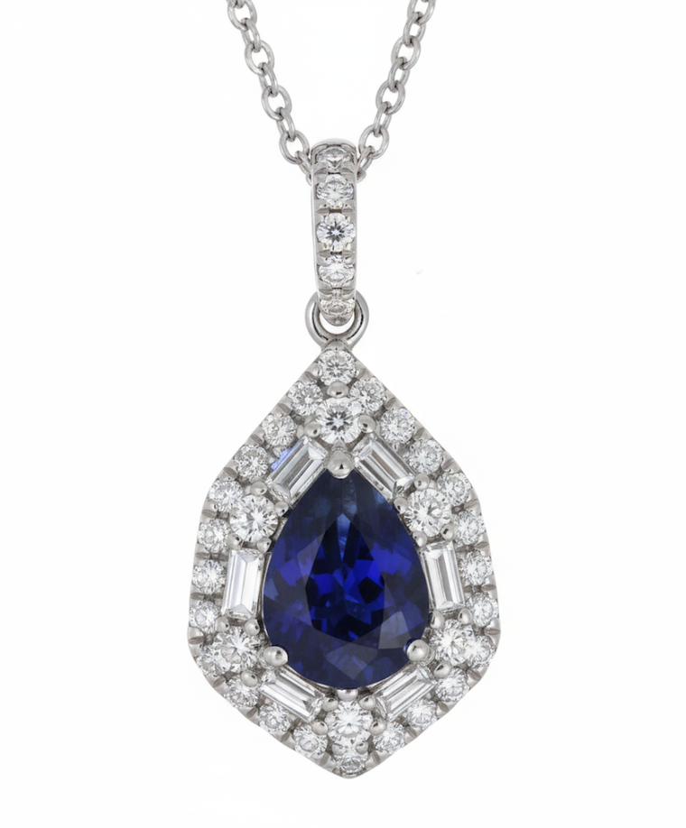 14K White Gold Diamond  And Sapphire Pendant (101002)