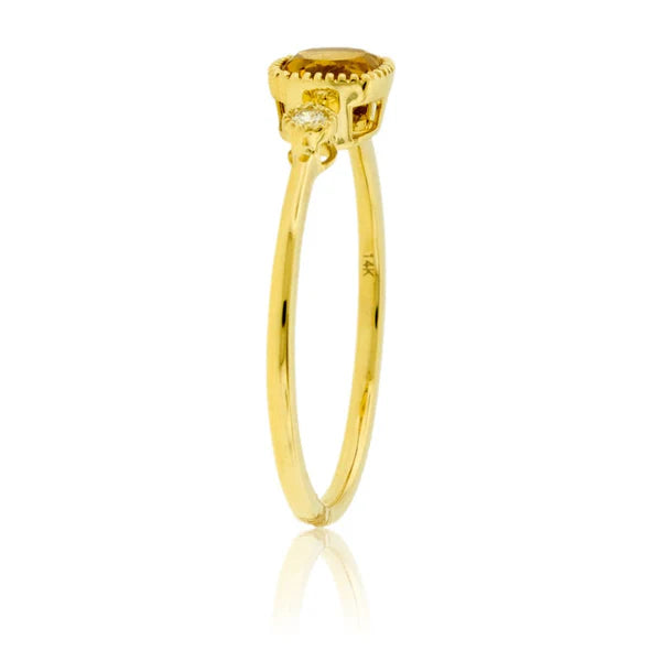 14K yellow gold cushion-cut citrine and diamond milgrain ring, detail view, SKU 101915