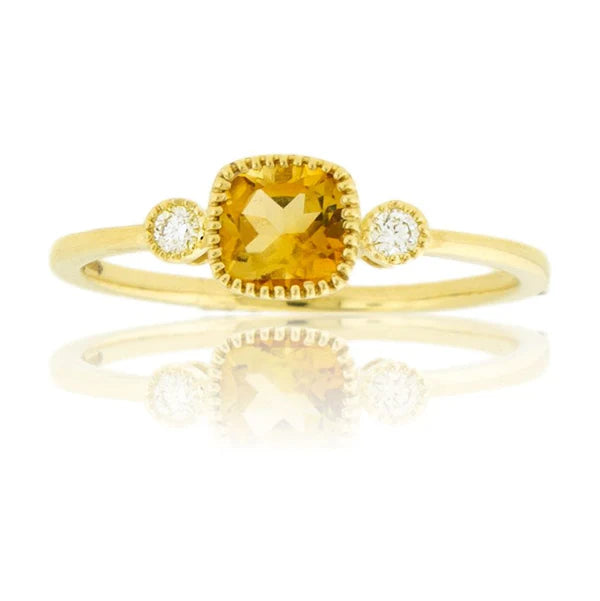 14K yellow gold cushion-cut citrine and diamond milgrain ring, front view, SKU 101915