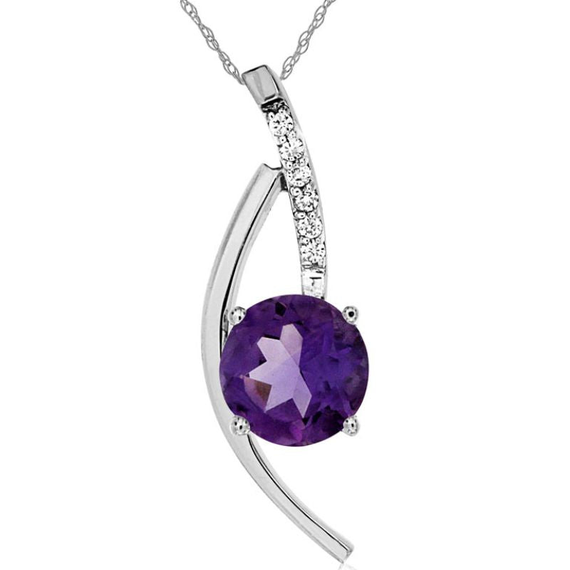 14 Karat White Gold Round Amethyst 1.10 carat total weight &amp; Diamond .05 carat total weight Bypass Pendant Necklace total length 18 inches.