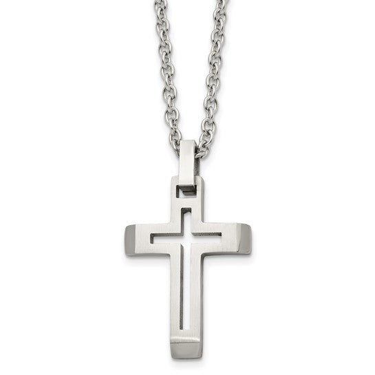 Chisel Stainless Steel Brushed and Polished Cut-out Cross Pendant on a 20 inch Cable Chain Necklace (82174)
