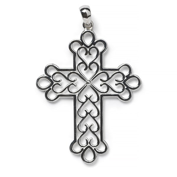 Southern Gates® Elaine Cross Pendant Inspiration Series 45x35mm 925 sterling silver Designed and distributed in Charleston, SC   Beautiful scroll designs reminiscent of the ironwork found in historic churches, chapels, and cathedrals have inspired this intricate filigree jewelry.