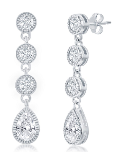 Sterling Silver Round and Pear shaped CZ Dangle Earrings(99320)