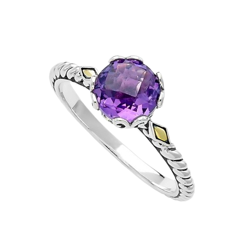 Our Sterling Silver and 18k birthstone ring in amethyst, handcrafted in Bali by our skilled artisans. From our signature collection, Royal Bali™ featuring designs handcrafted using sterling silver, solid 18k gold accents and genuine gemstones. The February birthstone, Amethyst, is said to strengthen relationships and give its wearer courage. At one time, only royalty could wear the gem.  925 Sterling Silver Amethyst Birthstone month: February 1 year warranty