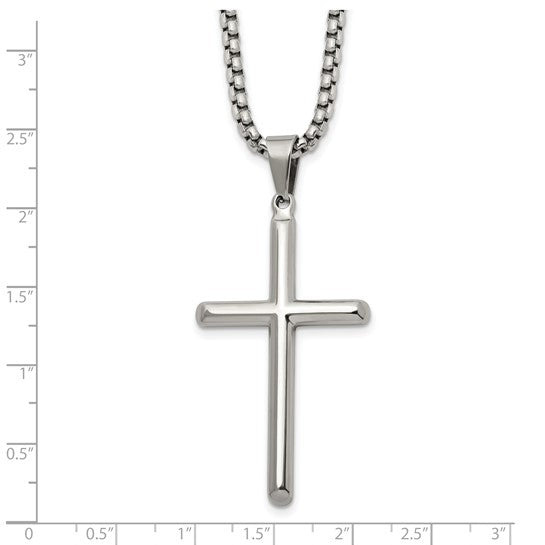 Crafted from polished stainless steel, this sleek cross pendant hangs elegantly from a 24-inch box chain necklace by Chisel.