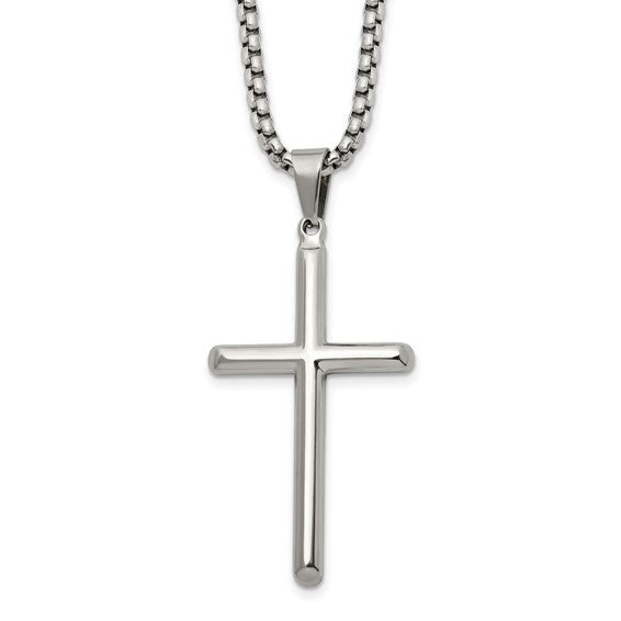 Crafted from polished stainless steel, this sleek cross pendant hangs elegantly from a 24-inch box chain necklace by Chisel.