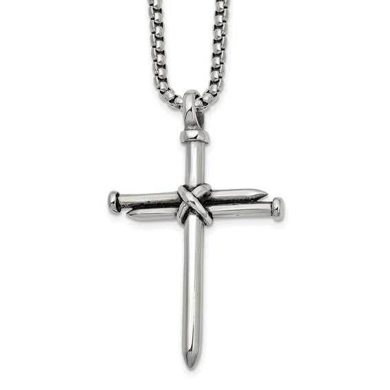 Chisel Stainless Steel Polished Antiqued and Polished Cross of Nails Pendant on a 22 inch Box Chain Necklace (99560)