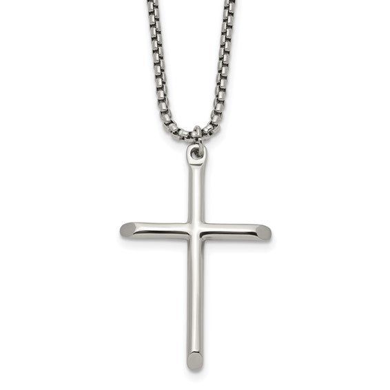 Chisel Stainless Steel Polished Cross Pendant on a 24 inch Box Chain Necklace